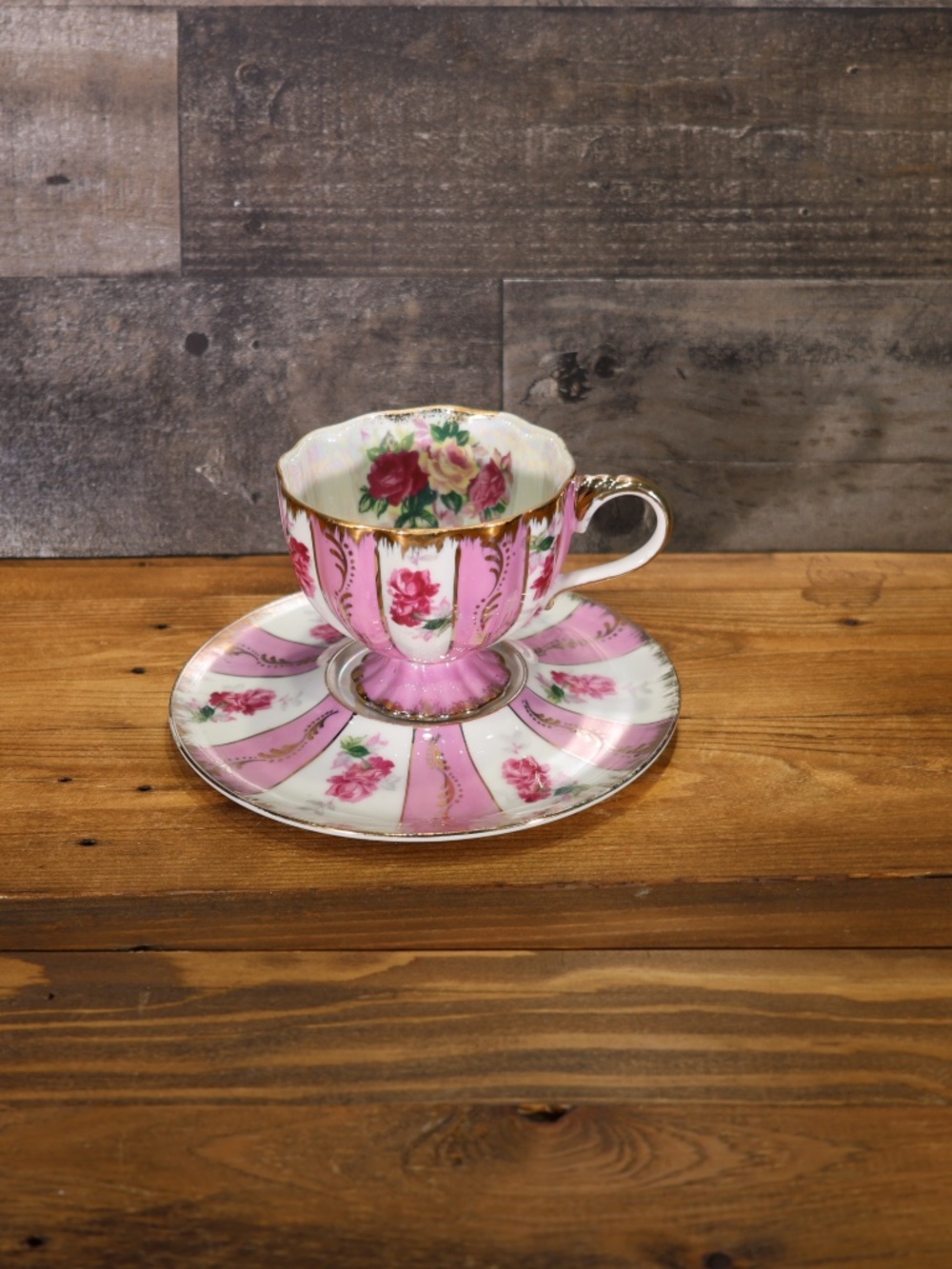 Vintage Lefton China Lusterware Roses Hand Painted Tea Cup & Unusual Saucer